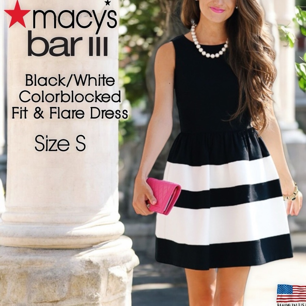 Macy’s BAR III Black & White Colorblocked Fit & Flare Dress - Picture 1 of 16